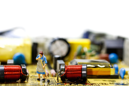 Miniature women cleaning  mainboard computer. Concept of cleaning viruses computer, repair, security and technology .の写真素材