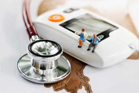 Miniature people sitting on  glucose meter of diabetes and stethoscope  on world map. Healthcare,...