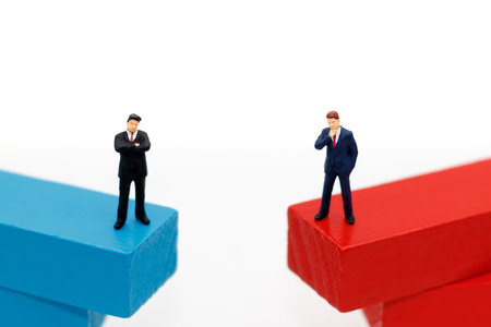 miniature business people standing on wooden box. Thinking, Target business concept.の写真素材