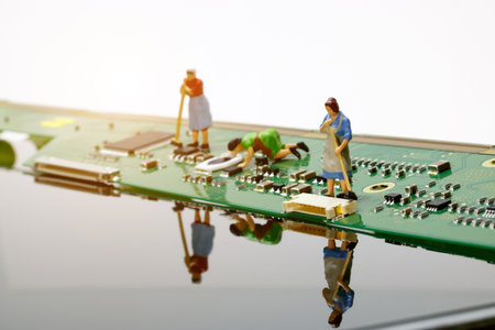 Miniature women cleaning  mainboard computer. Concept of cleaning viruses computer, repair, security and technology .の写真素材