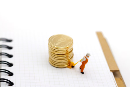 Miniature people: workers transport coins money on book, Concept of financial,retail,money saving...
