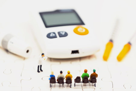 Miniature people: Doctors standing with glucose meter of diabetes  and injection needle , business and health care concept.の写真素材