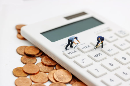 Miniature people: Workers working on golden coins with calculator. Finance, investment and growth in business concept.の写真素材