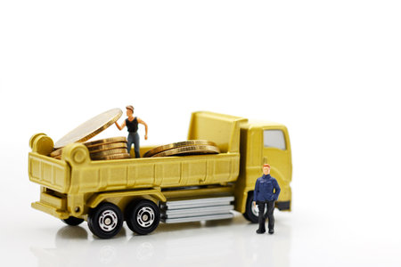 Miniature people: Workers transport coins money. Success, finance, investment and growth in business...