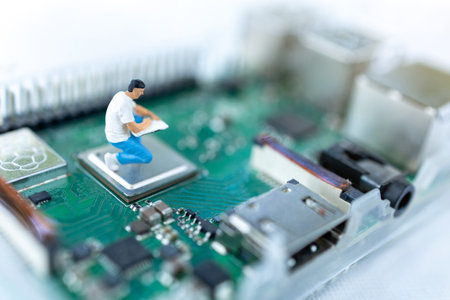 Miniature people searching or checking for bugs and issue on microchip, mainboard of computer. Vulnerability search and security system concept.の写真素材