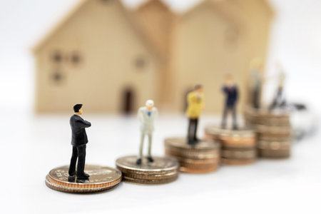 Miniature people:  Businessmen standing on coins stack with house and car.  Concept of investment in housing and vehicles.の写真素材