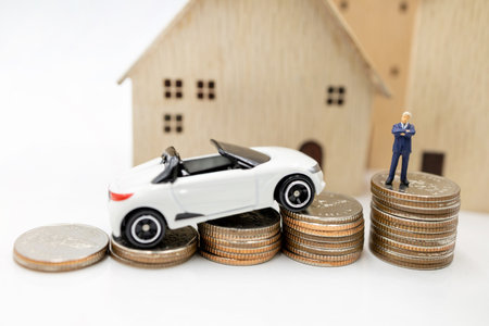 Miniature people:  Businessmen shaking hands on coins stack with house and car.  Concept of investment in housing and vehicles.の写真素材