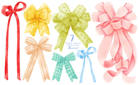 Set of gift ribbon bow illustrations hand painted watercolor stylesの写真素材