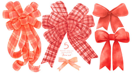 Set of Red gift ribbon bow illustrations hand painted watercolor stylesの写真素材