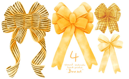 Set of yellow gift ribbon bow illustrations hand painted watercolor stylesの写真素材