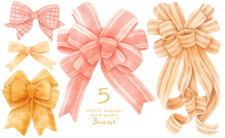 Set of gift ribbon bow illustrations hand painted watercolor stylesの写真素材