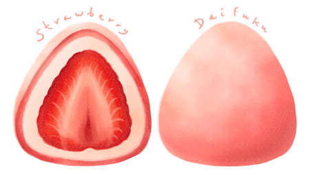 Japanese dessert rice cake strawberry daifuku watercolor style illustrationsの写真素材