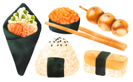 Set of Japanese food watercolor hand painted elements illustrationsの写真素材