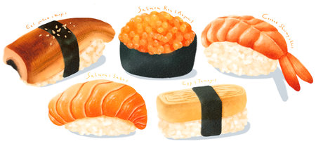 Set of Sushi Japanese food illustrations watercolor stylesの写真素材