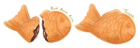 Japanese red bean paste fish-shaped cake illustration watercolor styles high qualityの写真素材