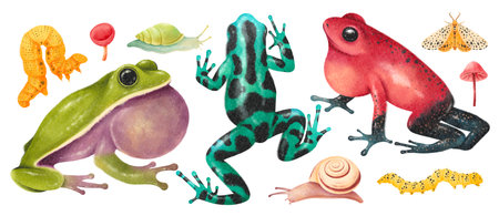 Frogs with forest elements watercolor style collection isolated on white backgroundの写真素材