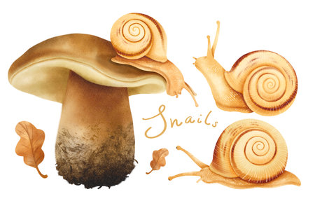 Snails with autumn forest elements illustration watercolor stylesの写真素材