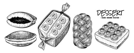 Dessert collection hand drawn sketch vector. Dorayaki, Strawberry sandwich, Challah bread, and Fruit toastのイラスト素材
