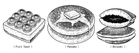 Dessert collection hand drawn sketch vector. Fruit toast, Pancake, and Dorayakiのイラスト素材