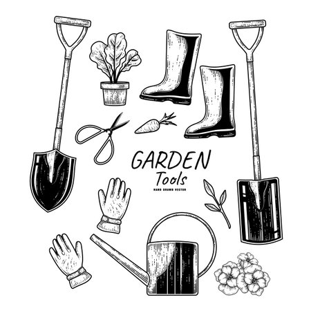 Sketch vector set of gardening tools. Spade, shovel, Plant pot, Gloves, Boots, Scissor, and Watering can Hand drawn illustrationのイラスト素材