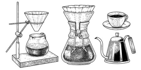 Sketch vector set of coffee maker tools. Dripper Pour-over, Filter drip coffee maker, Drip Kettle and cup of coffee Hand drawn illustrationのイラスト素材