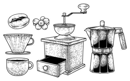 Sketch vector set of coffee maker tools. Coffee bean, berries, Dripper Pour-over, A cup, Manual Coffee Grinder and Espresso or Moka pot Hand drawn illustrationのイラスト素材