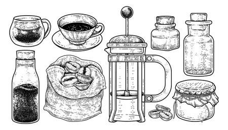 Sketch vector set of coffee maker tools. Cups, Instant Coffee Bottle, Coffee beans in a bag, french press and Bottles Hand drawn illustrationのイラスト素材