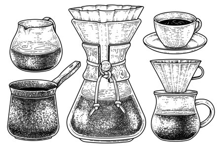Sketch vector set of coffee maker tools. A glass, turkish coffee pot, Filter drip coffee maker, cup of coffee, and Dripper Pour-over Hand drawn illustrationのイラスト素材