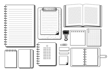 Set of Hand drawn stationery decorative material elements. Book, Notebook, post , paper clip and Bulldog clip Sketch Illustrationのイラスト素材