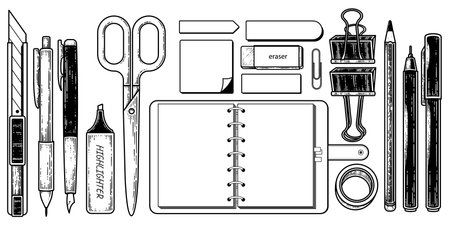 Vintage Stationery elements Collection Hand drawn Sketch Illustration. Notebook,Post ,Paper clip,Scissors,Pencil,Pen,Rubber,Tape,Highlighter pen and Cutter Vectorのイラスト素材