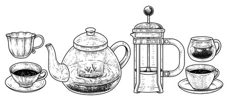 Vintage Drinks and Beverages Collection Hand drawn Sketch Elements. Teapot,Cup, Glass, Mug and french press vector Illustrationのイラスト素材