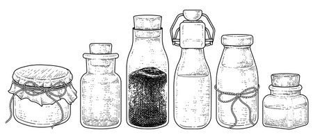 Vintage variety of Bottle glass with cork stopper Collection Hand drawn Sketch vector Illustrationのイラスト素材