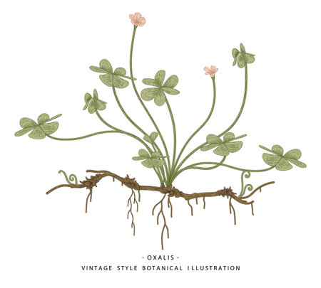 Sketch of Medicinal Herbs Set. Wood Sorrel (Oxalis acetosella) drawings. Wild flower and heart-shaped leaves.  Hand Drawn Botanical Illustrations.Nature Vector.のイラスト素材