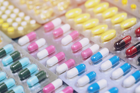 close up pharmaceuticals antibiotics pills medicine in blister packs. colorful antibacterials pills Pharmacy background. capsule pill medicine Antimicrobial drug resistance. Pharmaceutical industryの写真素材