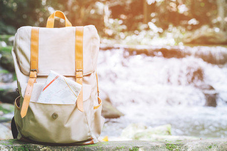 Hipster Backpack walk in the forest Travel accessories and map on Timber lumber log. View from backside tourist traveler bag on background Forest tree. concept holidays Travel.の写真素材