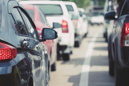 traffic jam in a city street road row outdoors of car on express way in rush hour. transportation travel concept.の写真素材