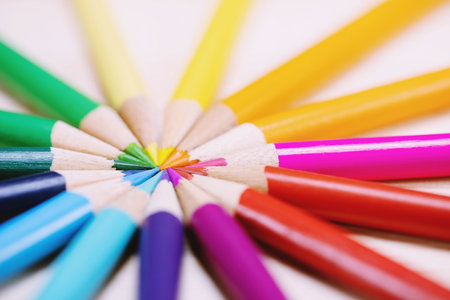Close up macro shot of color pencils pile pencil tipped nibs Diagonal in a circle on the desk wooden. idea education back to school.の写真素材