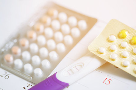 Contraceptive control pills on date of calendar background. health care and medicine conceptの写真素材