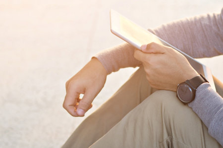 close up of Young Man lifestyle sit living using tablet.の写真素材