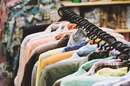 Clothes casual wear Colorful variety on hangers in a retail shop store.の写真素材