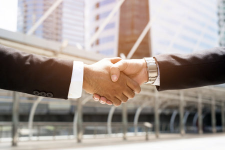 Closeup of a business hand shake between two colleagues Plaid shirtの写真素材