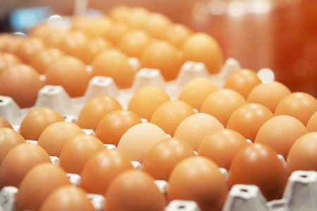 close up whole eggs in box. Chicken egg many on the table wooden. soft focus
