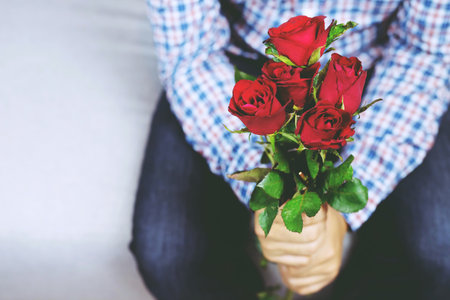Handsome man plaid shirt sitting on sofa holds out Bouquet of beautiful with red rose flower.の写真素材