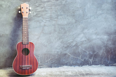 The brown ukulele guitar portrait on texture against the wall plaster mortar cement vintage dark tone. concept holiday relax break time with music or art. Leave space empty to write text on the side.の写真素材