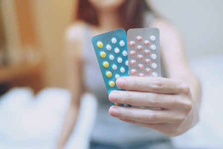 Close up hand contraceptive pill on with colorful pills strips. Contraception reduces childbirth and pregnant concept.の写真素材