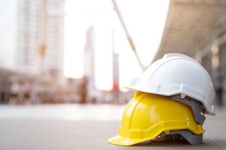 yellow and white hard safety wear helmet hat in the project at construction site building on concrete floor on city. helmet for workman as engineer or worker. concept safety firstの写真素材