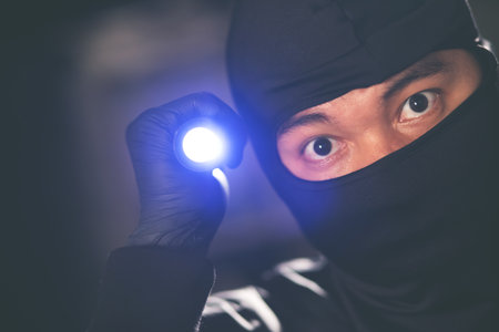 Burglar With Crowbar And Flashlight Looking Into A Houseの写真素材