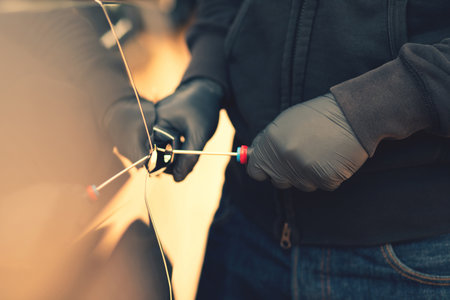 Robbers are stealing cars in the parking lotの写真素材