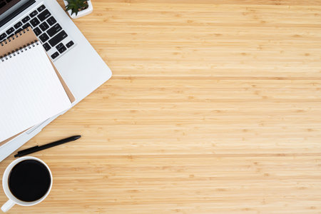 Work from home,computer on the wood deskの写真素材