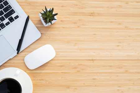 Work from home,computer on the wood deskの写真素材